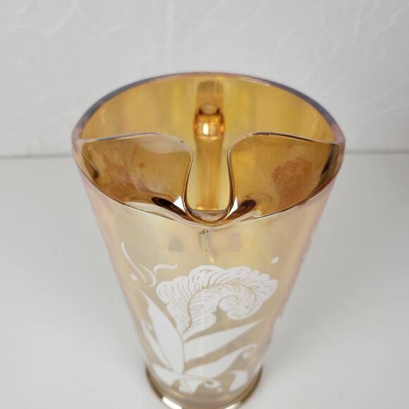 Vintage Jeanette Marigold Pitcher 9" Amber Peach Carnival Glass‎ Feather - Picture 2 of 13